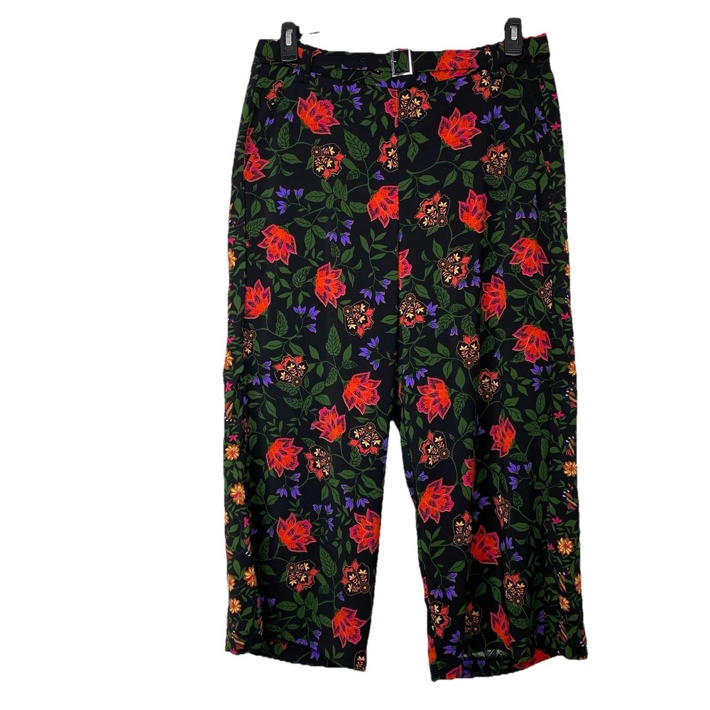 Joie Pants Women's L Wide Leg Crop Black Floral Lightweight Pocket Elastic Waist